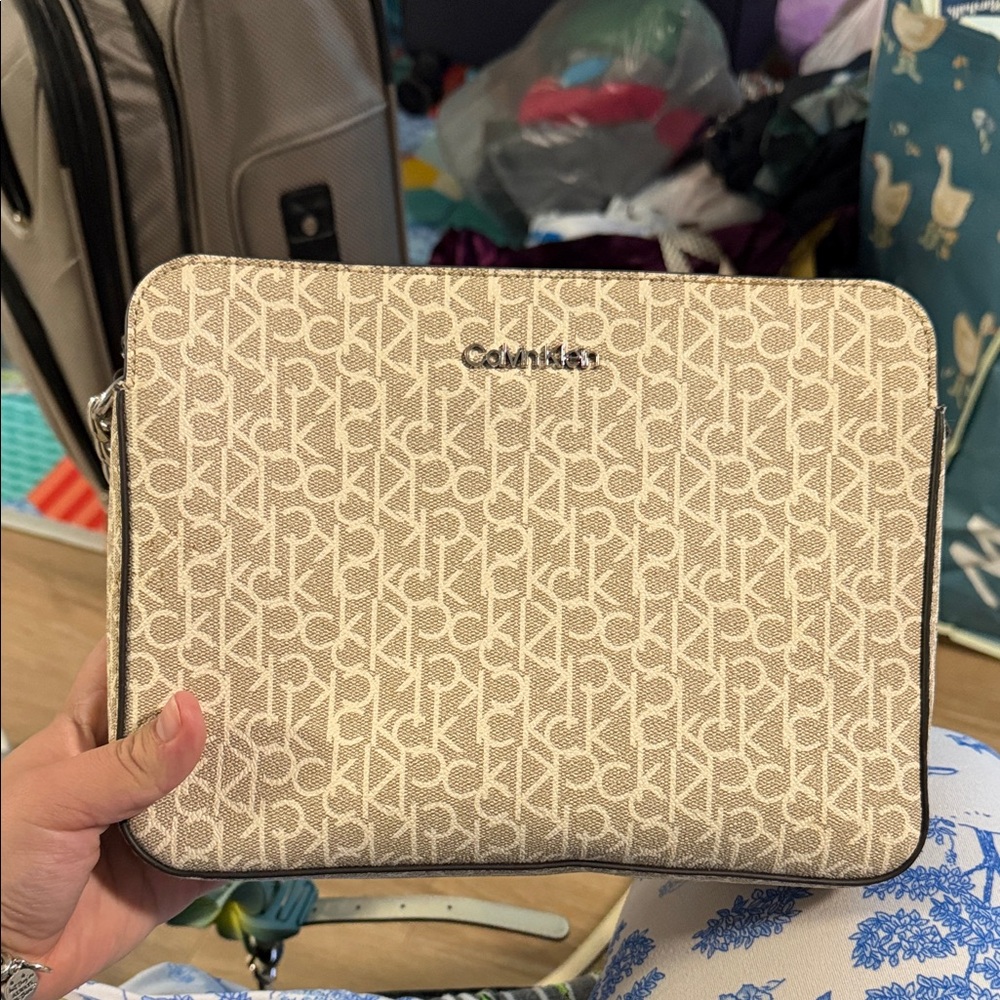 Calvin Klein Tan Monogram Laptop Sleeve